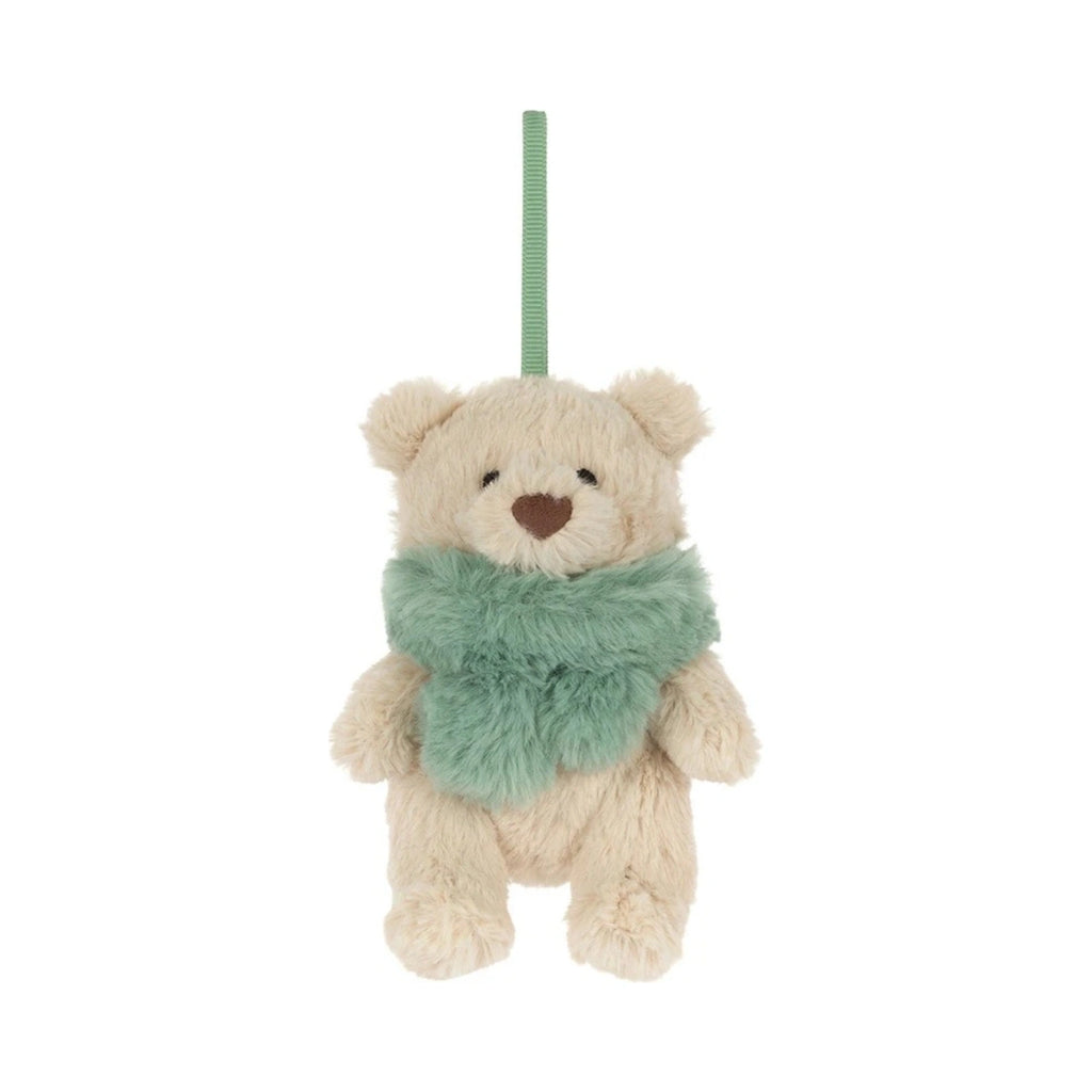 Front view of Jellycat Bartholomew Bear Jr Winter Warmer Decoration showing sage green hanging ribbon loop.