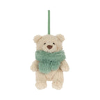 Front view of Jellycat Bartholomew Bear Jr Winter Warmer Decoration showing sage green hanging ribbon loop.