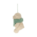 Side view of Jellycat Bartholomew Bear Jr Winter Warmer Decoration showing fluffy sage green winter scarf.