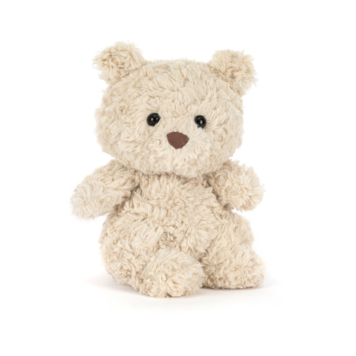 A miniature plush teddy bear featuring incredibly soft, light brown tousled fur, a plump rounded tummy, and a sweet embroidered dark brown nose.