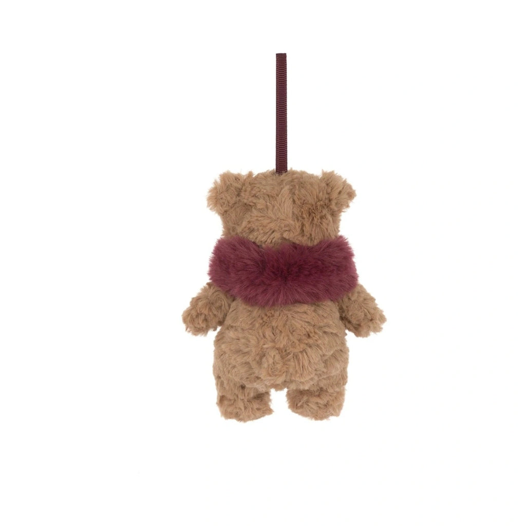 Back view of Jellycat Bartholomew Bear Winter Warmer Decoration showing deep burgundy faux fur collar.