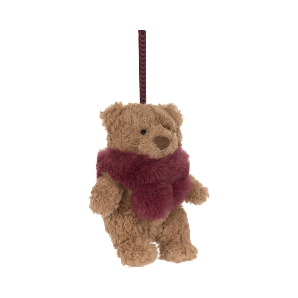 Front view of Jellycat Bartholomew Bear Winter Warmer Decoration showing deep brown ribbon hanging loop.