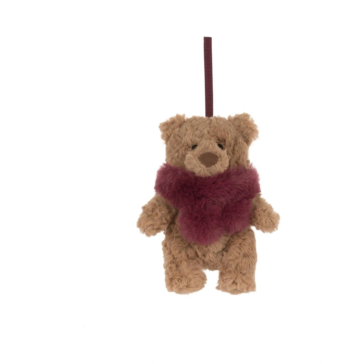 Front view of Jellycat Bartholomew Bear Winter Warmer Decoration showing fluffy brown plush bear.