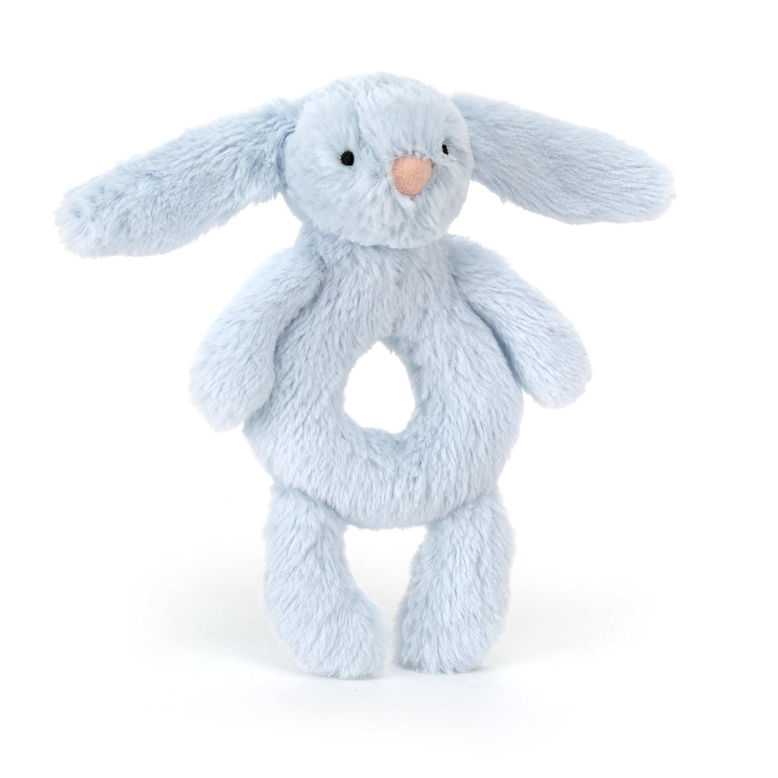 18cm Jellycat Bashful Baby Blue Bunny Ring Rattle featuring incredibly soft pastel blue plush fabric, long floppy ears, and a perfect circular shape for tiny hands to grasp.