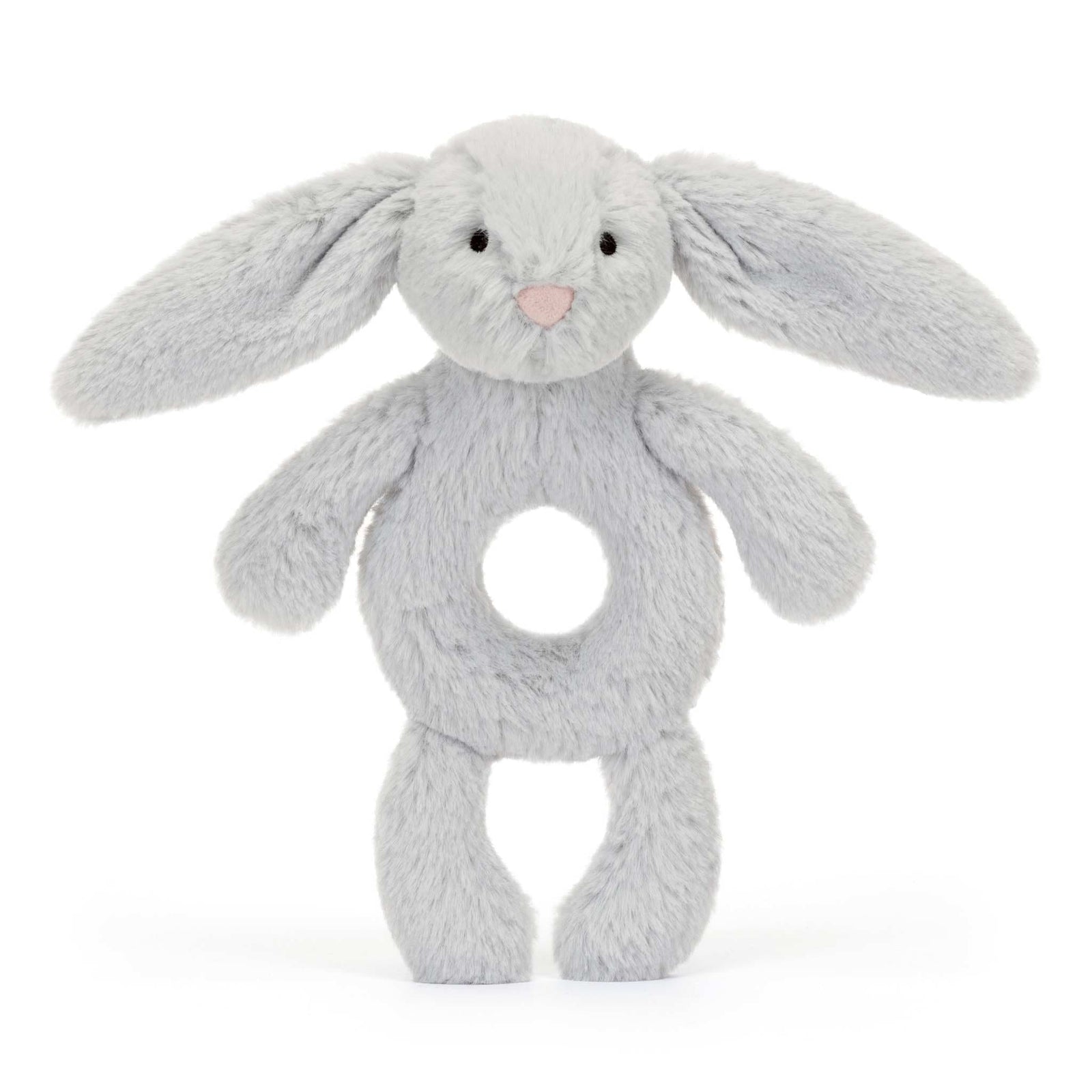 18cm Jellycat Bashful Silver Bunny Ring Rattle featuring incredibly soft silver-grey plush fabric, long floppy ears, and a perfect circular shape for tiny hands to grasp.