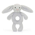18cm Jellycat Bashful Silver Bunny Ring Rattle featuring incredibly soft silver-grey plush fabric, long floppy ears, and a perfect circular shape for tiny hands to grasp.