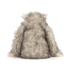 Back view of Jellycat Bretti Yeti showing fluffy cream and grey plush and long shaggy fur texture.