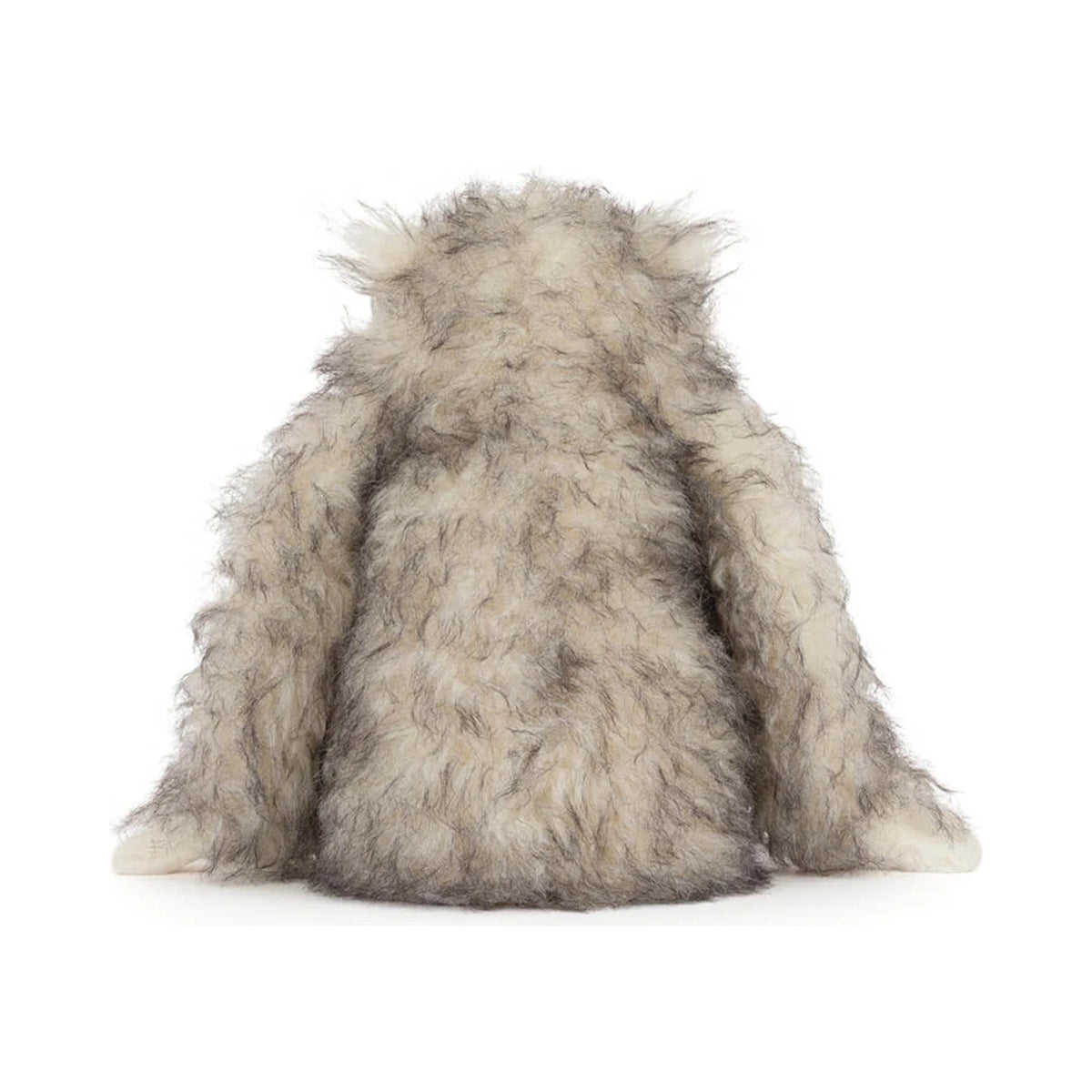 Back view of Jellycat Bretti Yeti showing fluffy cream and grey plush and long shaggy fur texture.