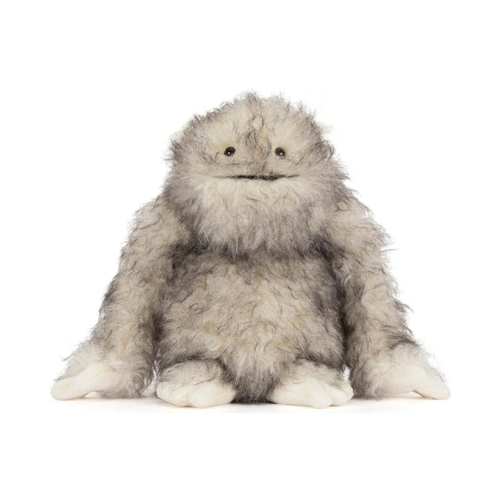 Front view of Jellycat Bretti Yeti showing fluffy grey and white plush fur and smiling embroidered face.