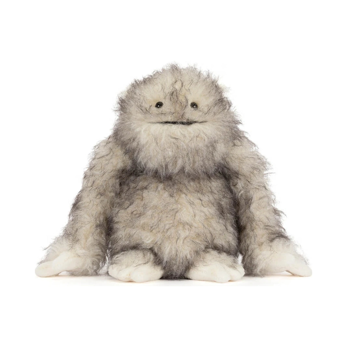 Front view of Jellycat Bretti Yeti showing fluffy grey and white plush fur and smiling embroidered face.