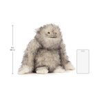 Scale reference of Jellycat Bretti Yeti next to measuring ruler and white reference box.