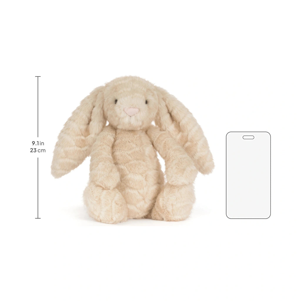 Scale reference of Jellycat Franilla Luxe Bunny next to digital smartphone scale reference.