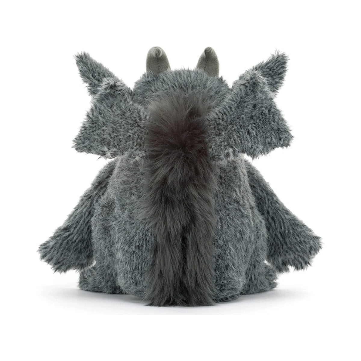 Jellycat Growlston Gargoyle showing fluffy charcoal grey fur.