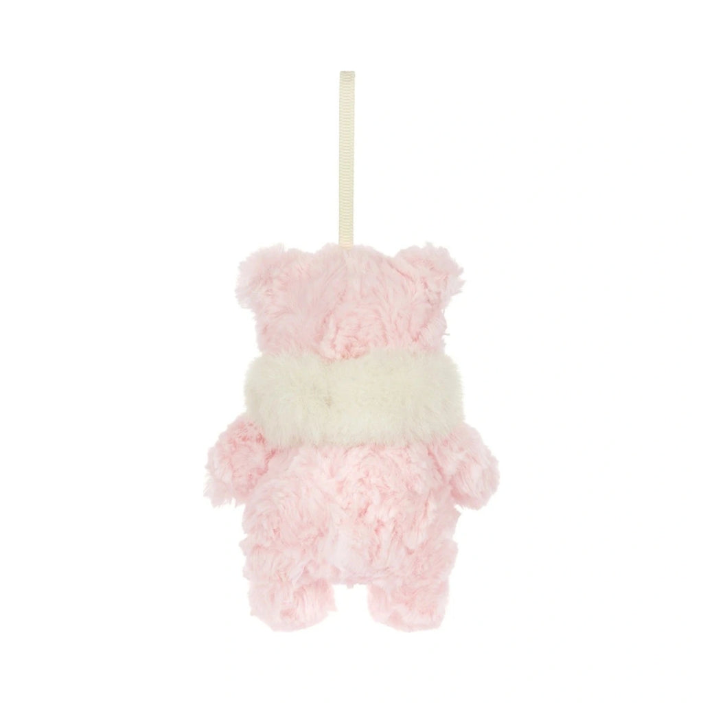 Back view of Jellycat Leola Bear Winter Warmer Decoration showing creamy white fuzzy scarf trim.