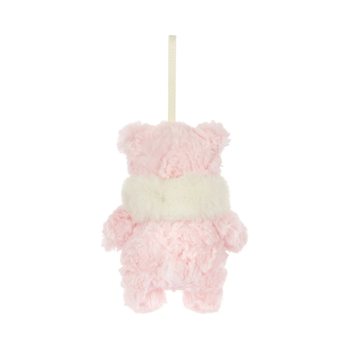 Back view of Jellycat Leola Bear Winter Warmer Decoration showing creamy white fuzzy scarf trim.
