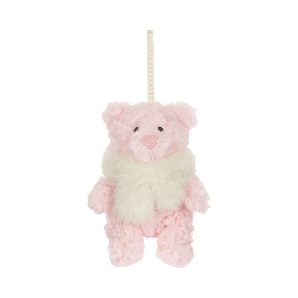 Front view of Jellycat Leola Bear Winter Warmer Decoration showing baby pink plush bear.