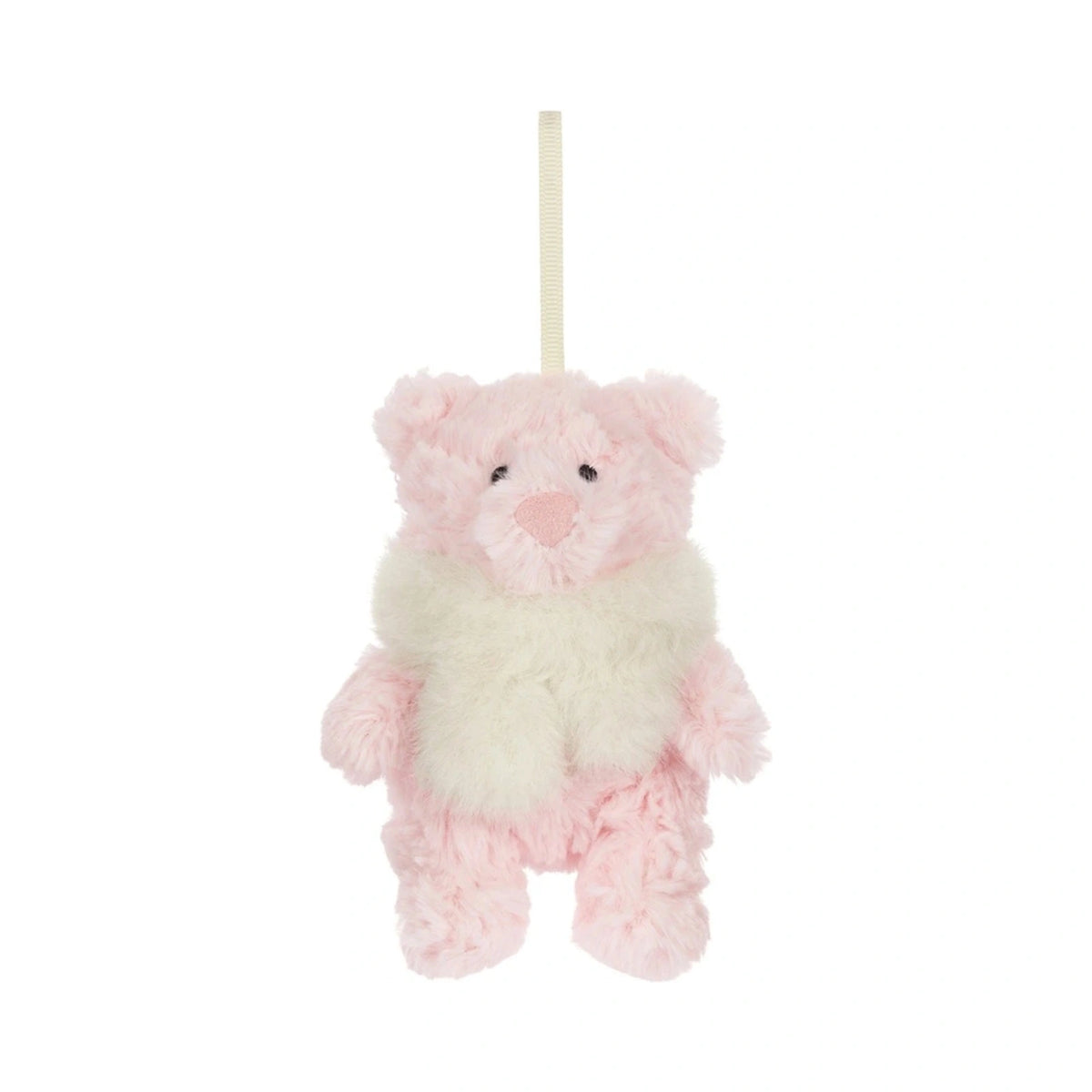 Front view of Jellycat Leola Bear Winter Warmer Decoration showing baby pink plush bear.