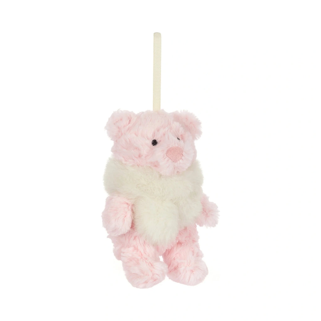 Front view of Jellycat Leola Bear Winter Warmer Decoration showing long satin hanging ribbon loop.