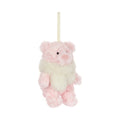 Front view of Jellycat Leola Bear Winter Warmer Decoration showing long satin hanging ribbon loop.