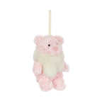 Front view of Jellycat Leola Bear Winter Warmer Decoration showing long satin hanging ribbon loop.
