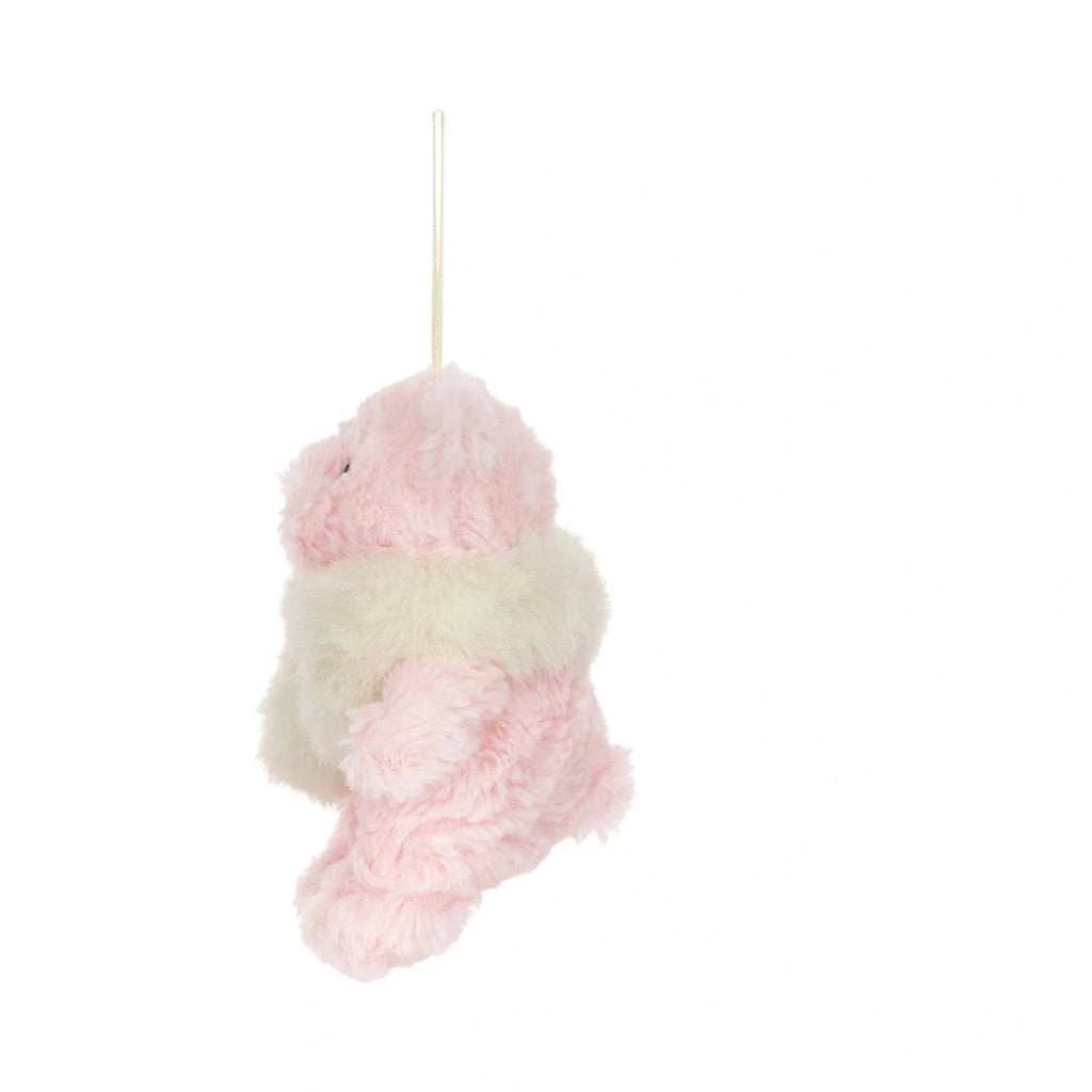 Side view of Jellycat Leola Bear Winter Warmer Decoration showing hanging white string loop.
