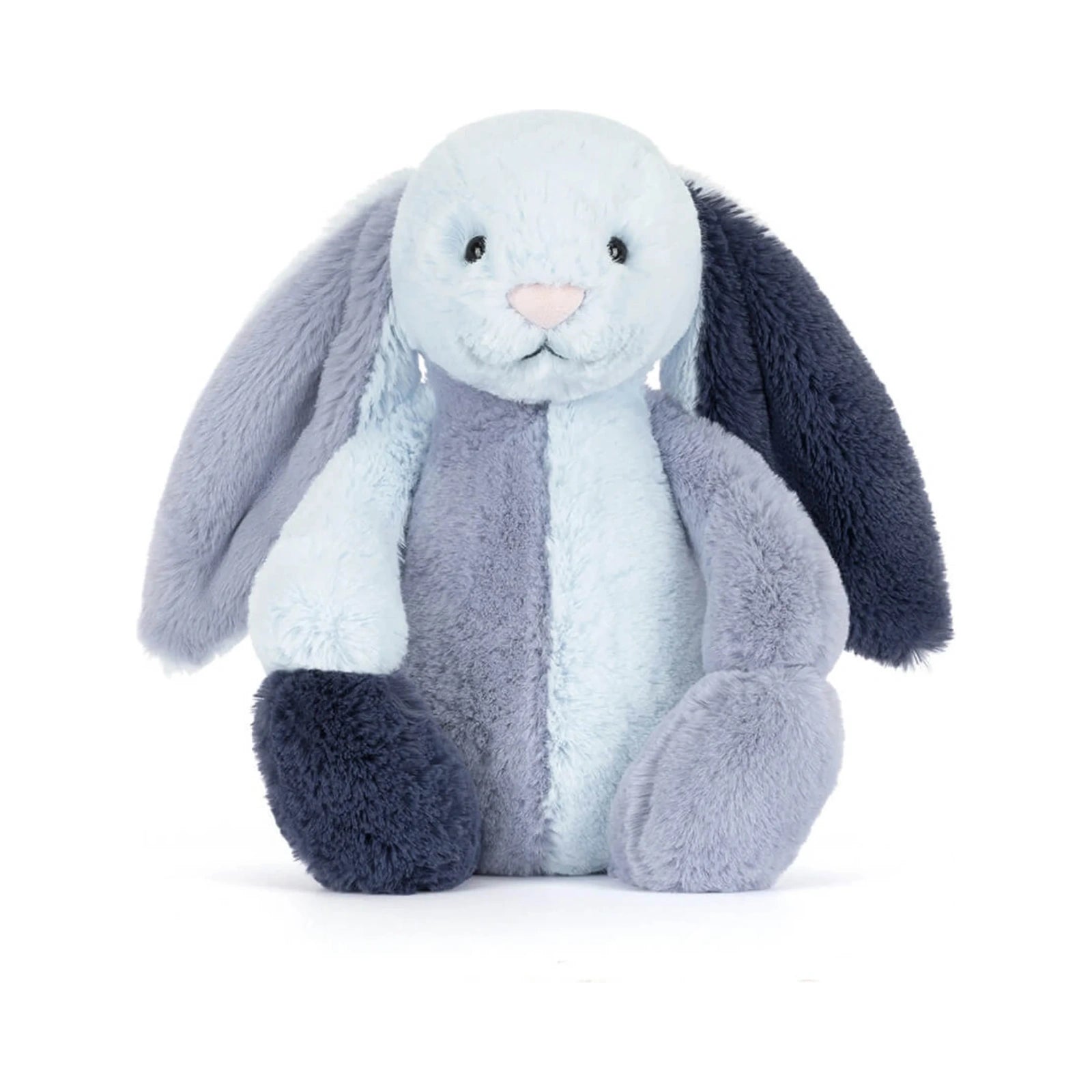 A Jellycat Puddlesea Bunny Original plush toy featuring color blocked patchwork fur in light blue, slate grey, and dark navy blue with a pink nose.