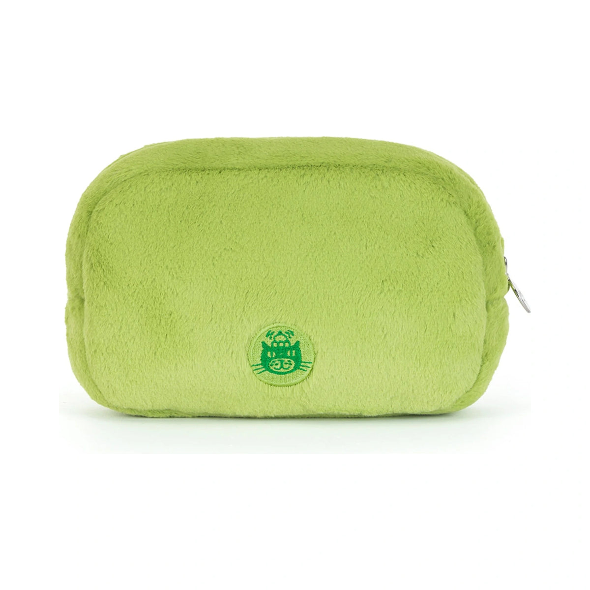 Back of Jellycat Ricky Rain Frog Pouch showing vibrant lime plush frog.