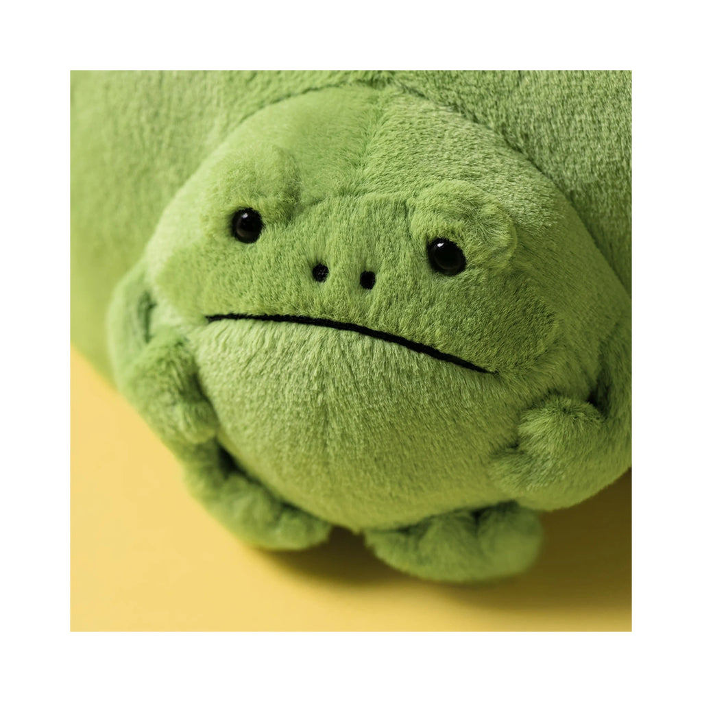 Close-up of Jellycat Ricky Rain Frog Pouch showing soft green plush face.