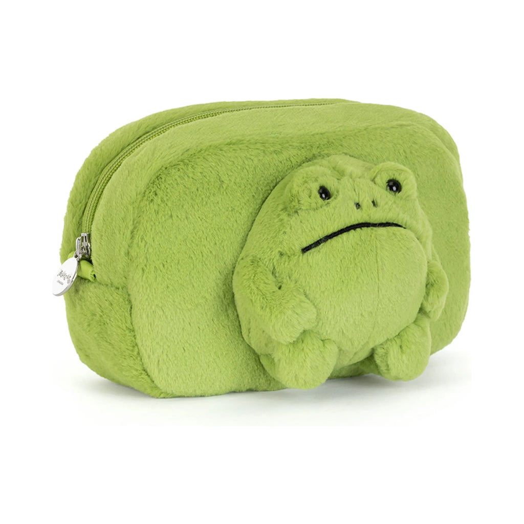 Front of Jellycat Ricky Rain Frog Pouch showing vibrant green plush frog.