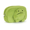Front of Jellycat Ricky Rain Frog Pouch showing vibrant green plush frog.