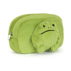 Front of Jellycat Ricky Rain Frog Pouch showing vibrant green plush frog.