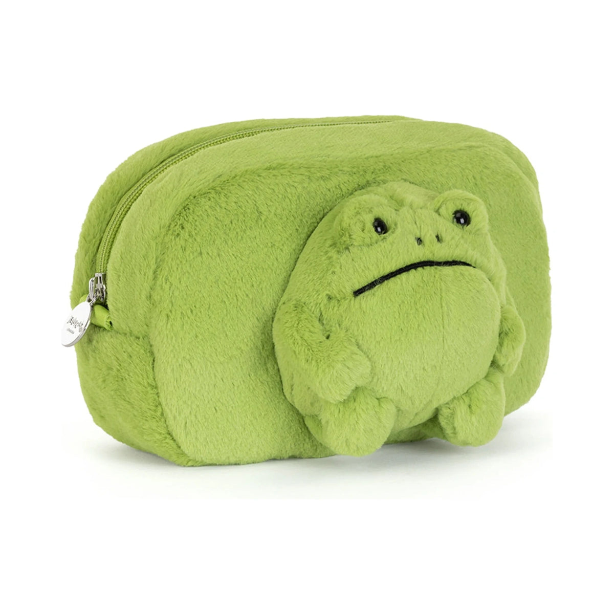 Front of Jellycat Ricky Rain Frog Pouch showing vibrant green plush frog.