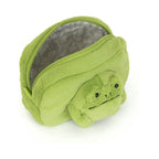 Interior of Jellycat Ricky Rain Frog Pouch showing bright green fluffy front.