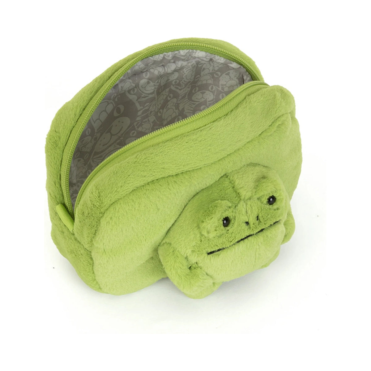 Interior of Jellycat Ricky Rain Frog Pouch showing bright green fluffy front.
