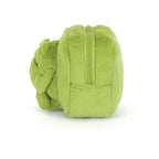 Side of Jellycat Ricky Rain Frog Pouch showing vibrant green plush profile.
