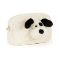 Front view of Jellycat Rufferty Puppy Pouch showing fluffy cream plush fur and soft black velvet ears.