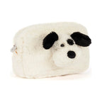 Front view of Jellycat Rufferty Puppy Pouch showing fluffy cream plush fur and soft black velvet ears.