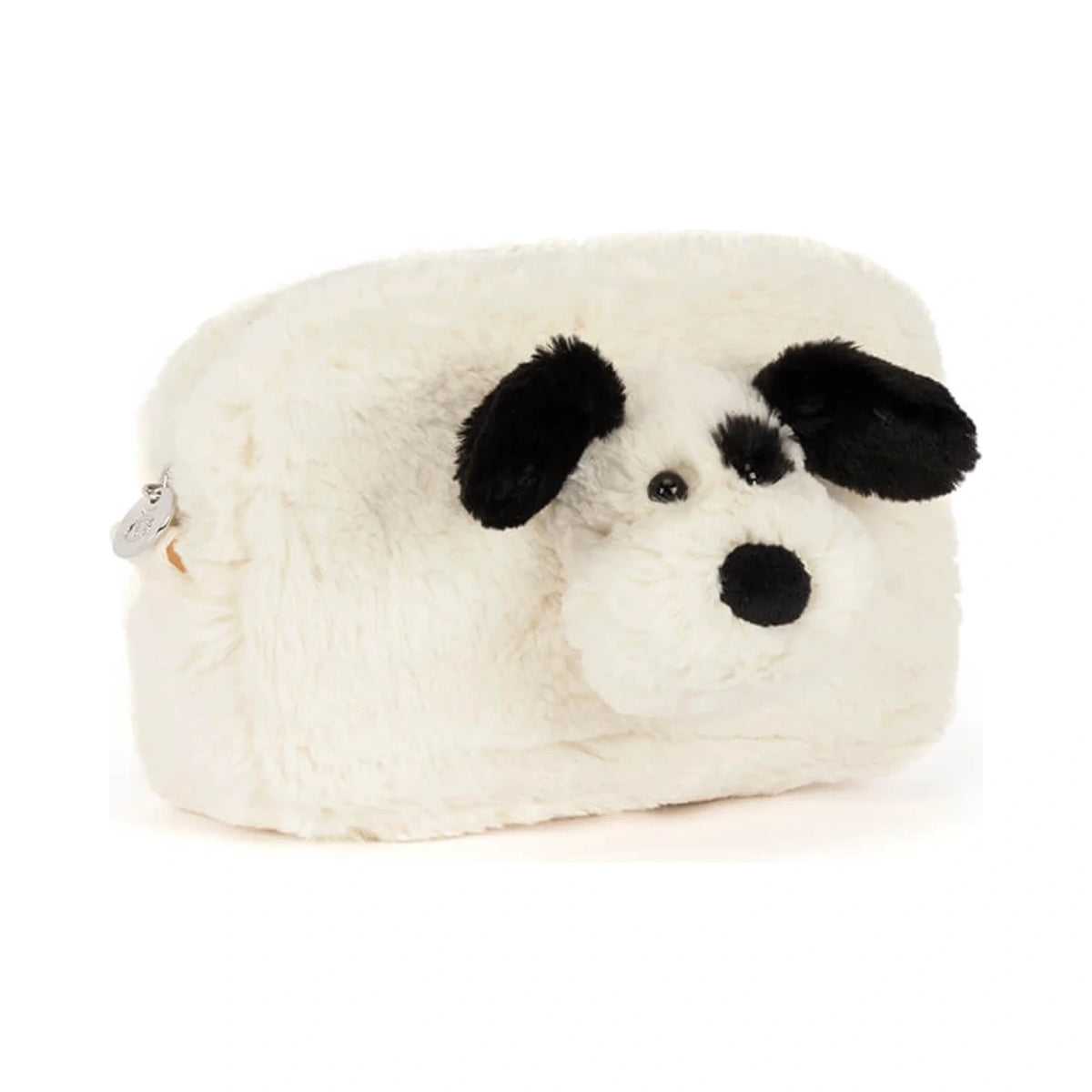 Front view of Jellycat Rufferty Puppy Pouch showing fluffy cream plush fur and soft black velvet ears.