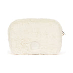 Back view of Jellycat Rufferty Puppy Pouch showing soft cream plush fur and a round embossed brand patch.