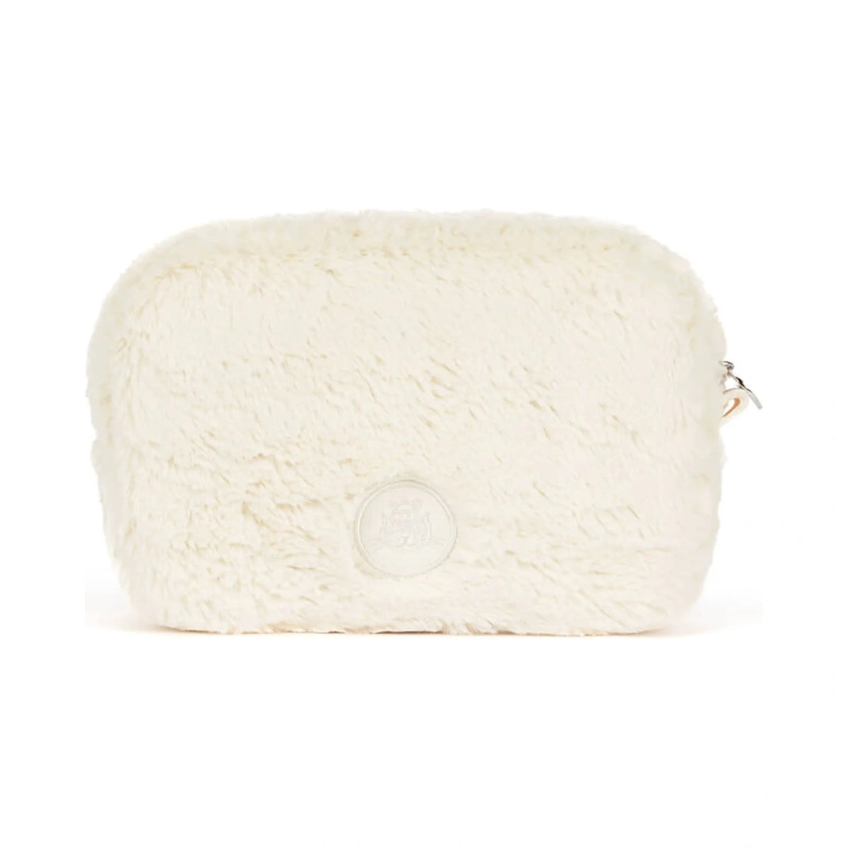Back view of Jellycat Rufferty Puppy Pouch showing soft cream plush fur and a round embossed brand patch.