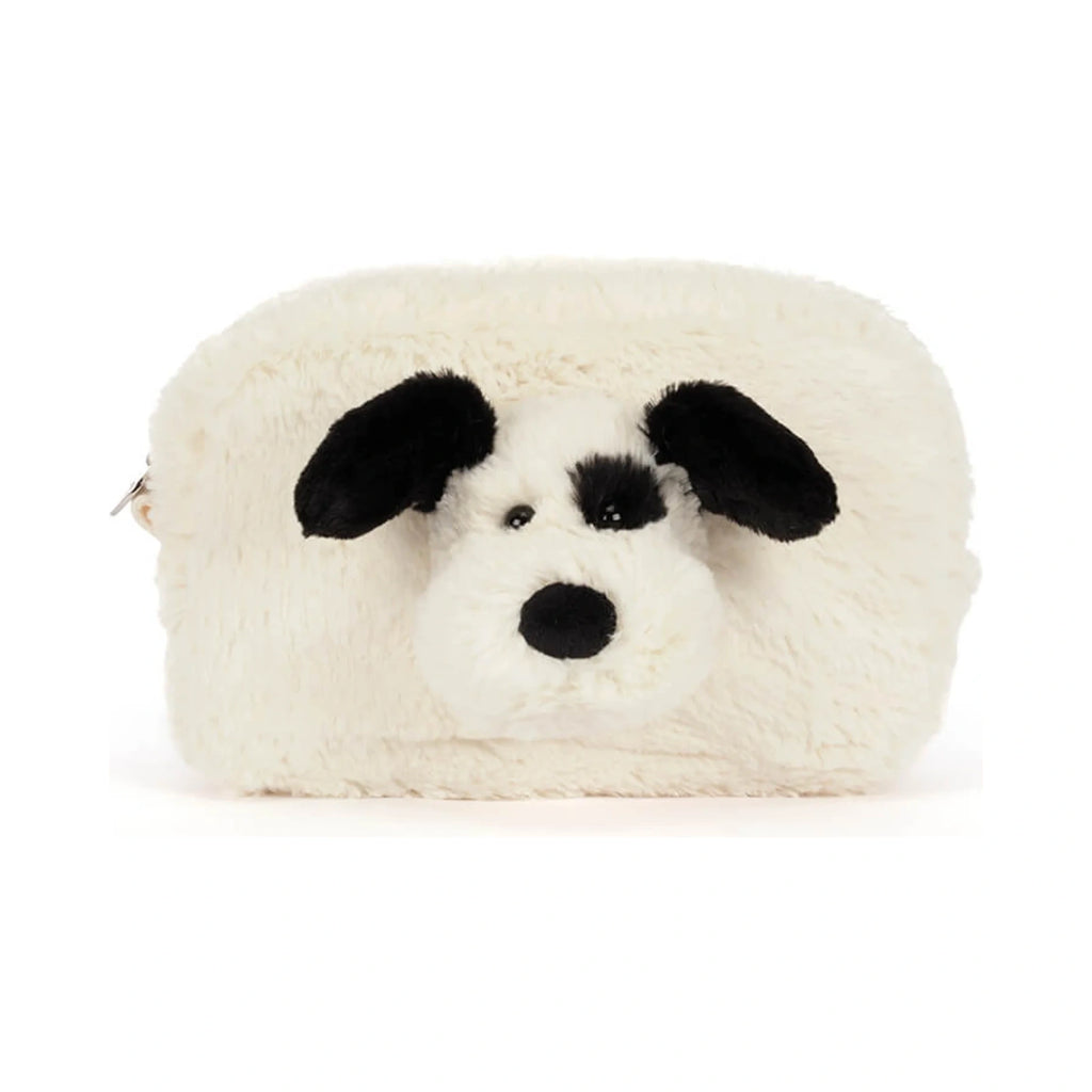 Front view of Jellycat Rufferty Puppy Pouch showing creamy fluffy plush fabric and black velvet puppy ears.