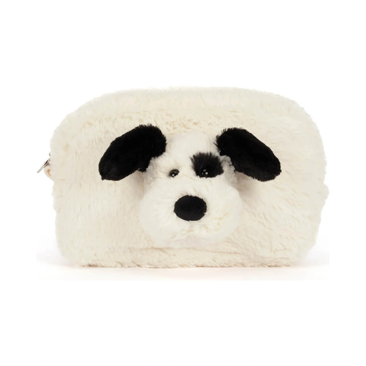 Front view of Jellycat Rufferty Puppy Pouch showing creamy fluffy plush fabric and black velvet puppy ears.
