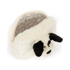 Top view of Jellycat Rufferty Puppy Pouch showing fluffy cream plush fabric and an open patterned grey lining.