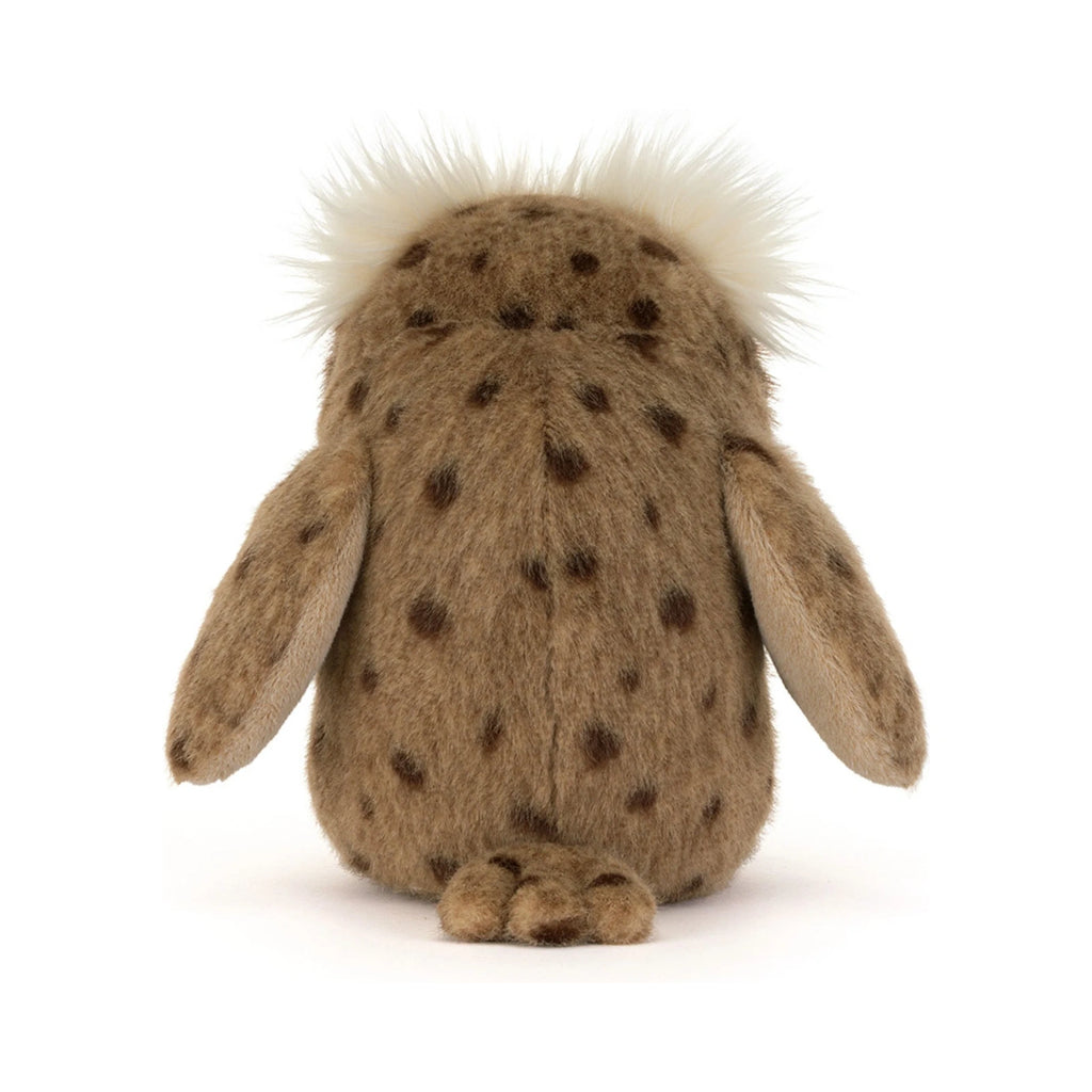 Back view of Jellycat Tawoola Owl showing spotted brown plush fur and a fluffy white tufted crown.