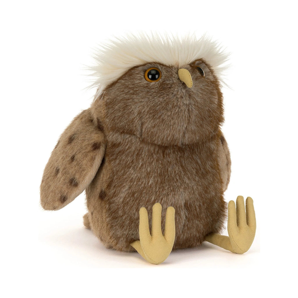 Front view of Jellycat Tawoola Owl showing soft fluffy brown plush, white feathered tuft, and pale yellow feet.