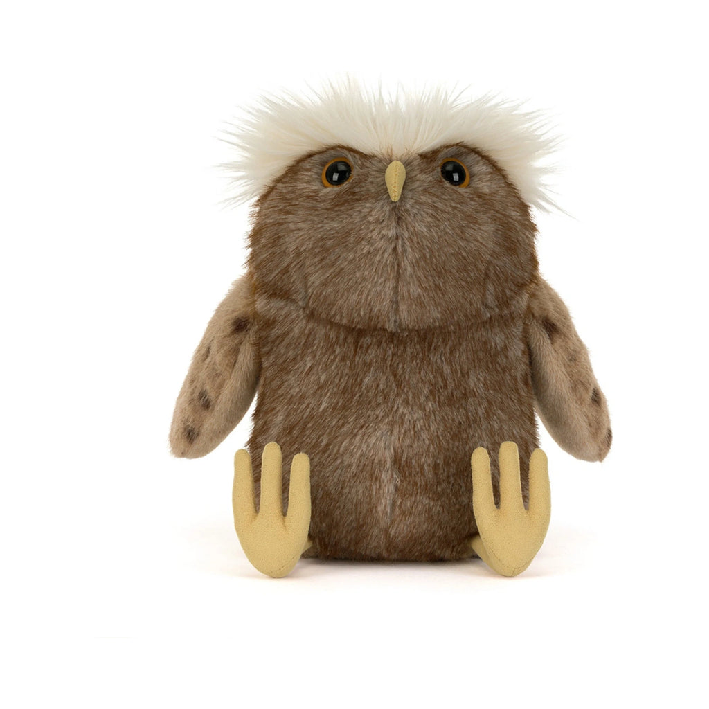 Front view of Jellycat Tawoola Owl showing soft brown plush and white fluffy crest.