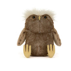 Front view of Jellycat Tawoola Owl showing soft brown plush and white fluffy crest.