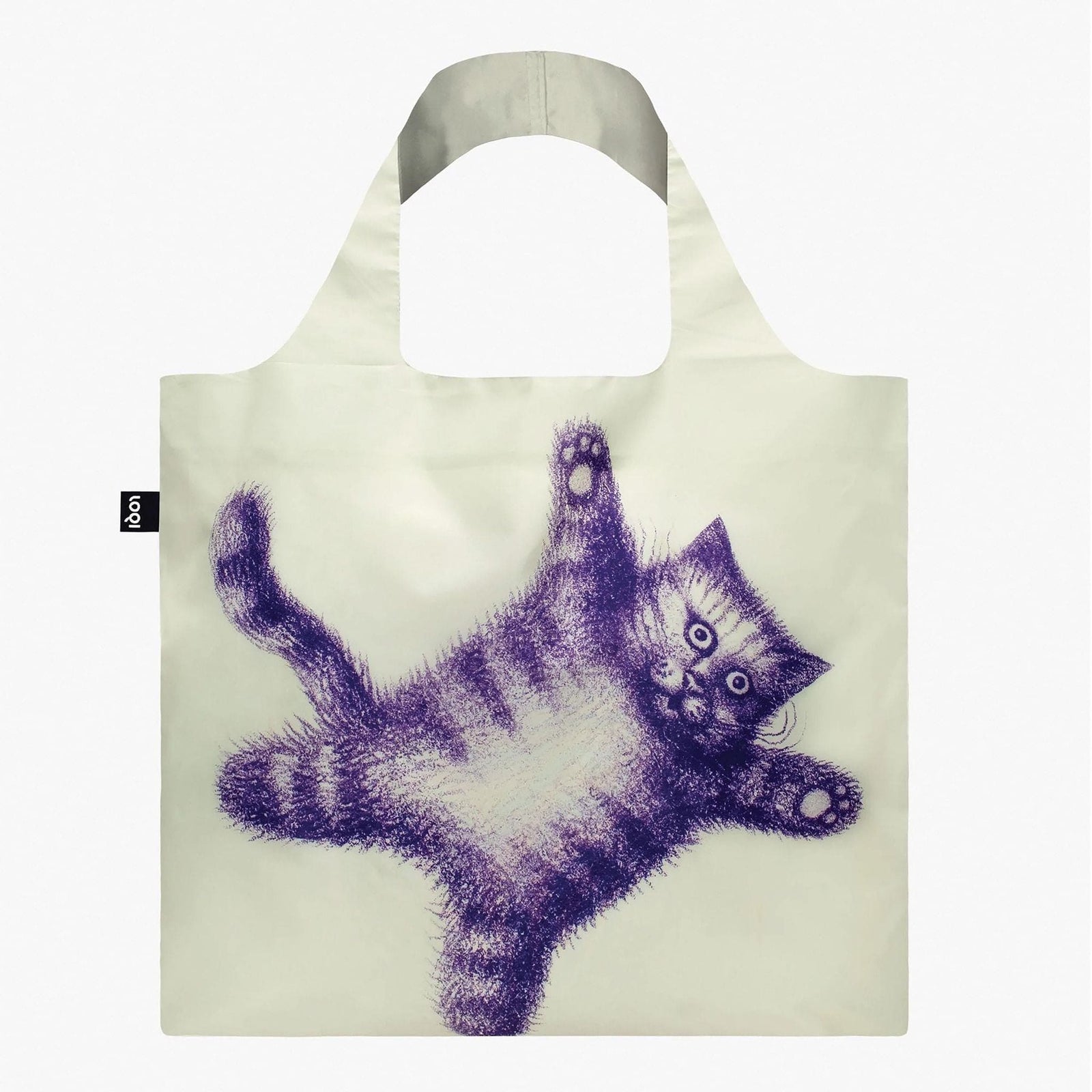 A white tote bag with a printed design of a purple and gray cat in the center, featuring a text label at the bottom.