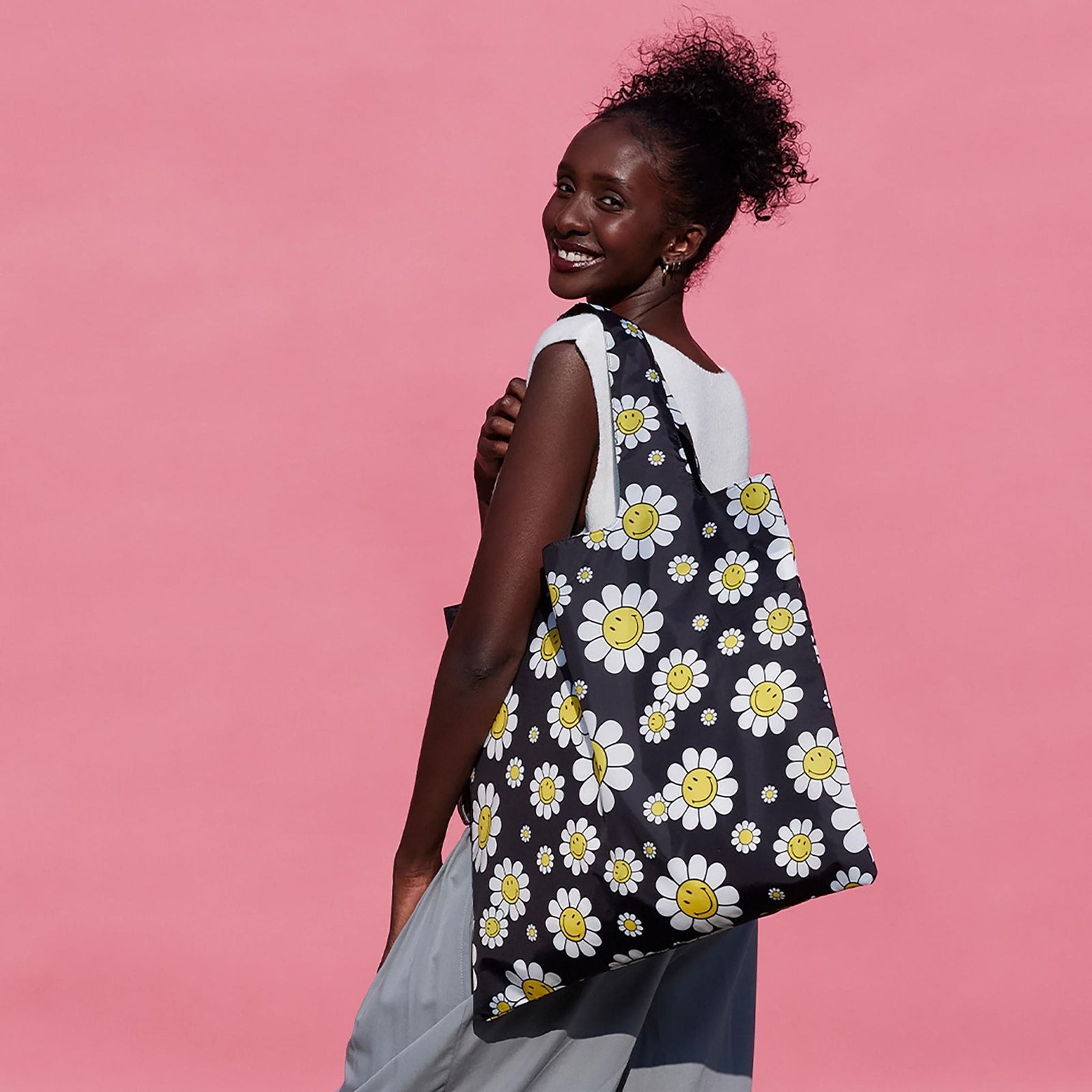 LOQI Smiley Flowers Black Recycled Bag | Foldable Fun Shopper