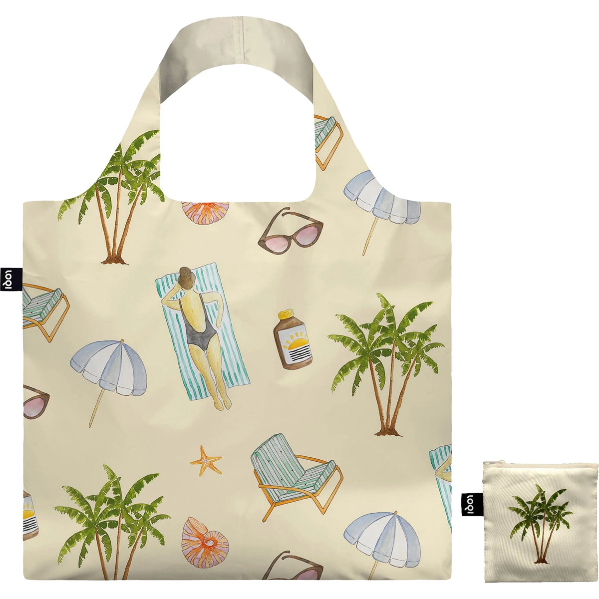 LOQI Sylvia Harvey Walker Palm Tree Bag in beige featuring reusable-tote-bag beach-themed-print